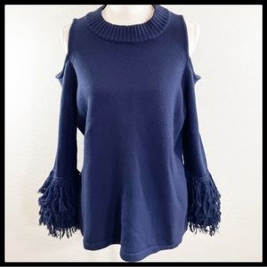 Roaman's Navy Blue Cold Shoulder Loop Sleeve Sweater
